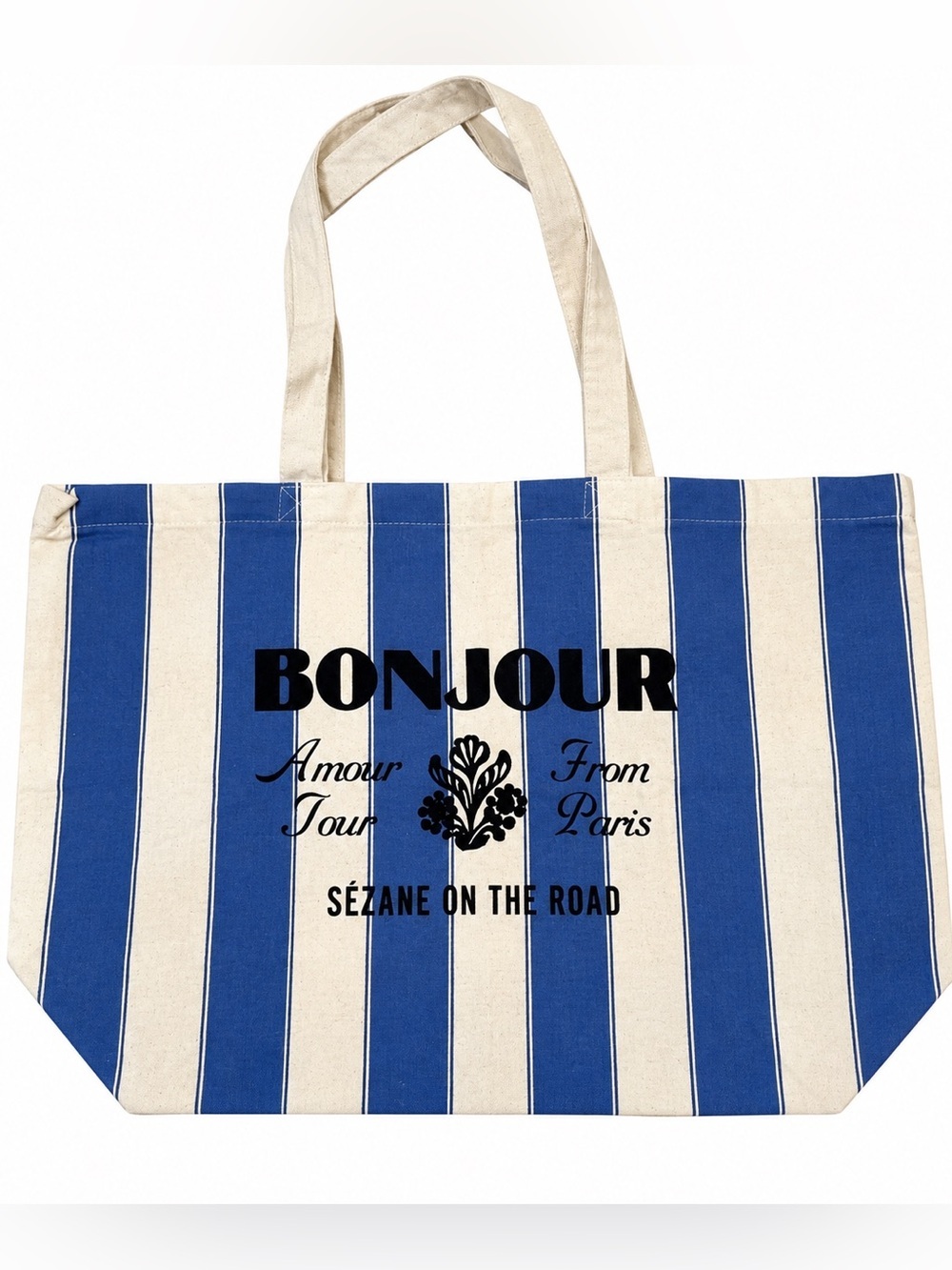 Sézane Blue & Cream Striped Canvas Tote with Bonjour Print